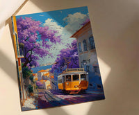 Lisbon Jacaranda Tram Poster, Purple Spring Street Decor - Palette Knife Painting Style