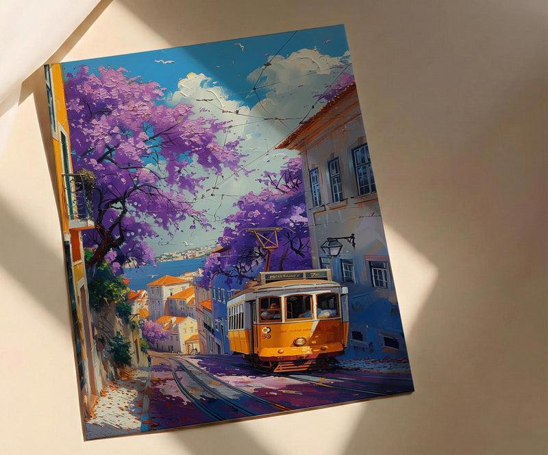 Lisbon Jacaranda Tram Poster, Purple Spring Street Decor - Palette Knife Painting Style