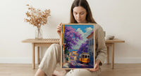 Lisbon Jacaranda Tram Poster, Purple Spring Street Decor - Palette Knife Painting Style