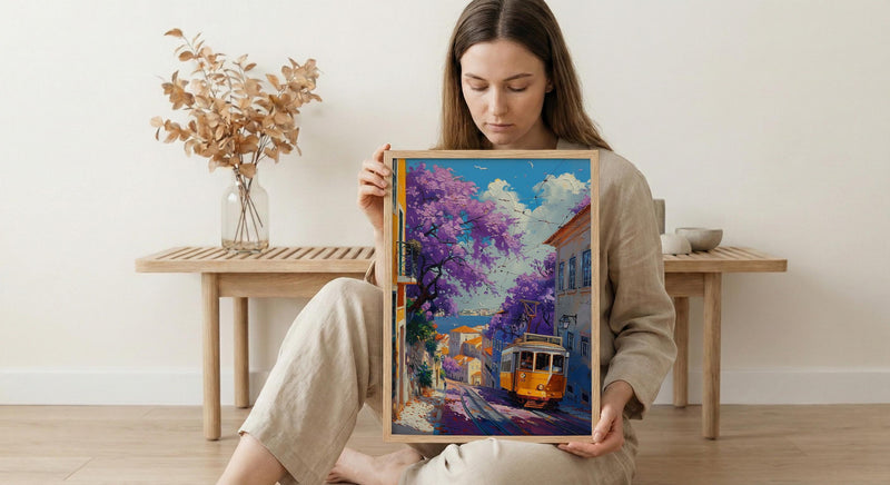 Lisbon Jacaranda Tram Poster, Purple Spring Street Decor - Palette Knife Painting Style