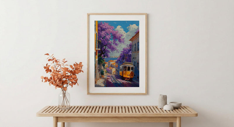 Lisbon Jacaranda Tram Poster, Purple Spring Street Decor - Palette Knife Painting Style