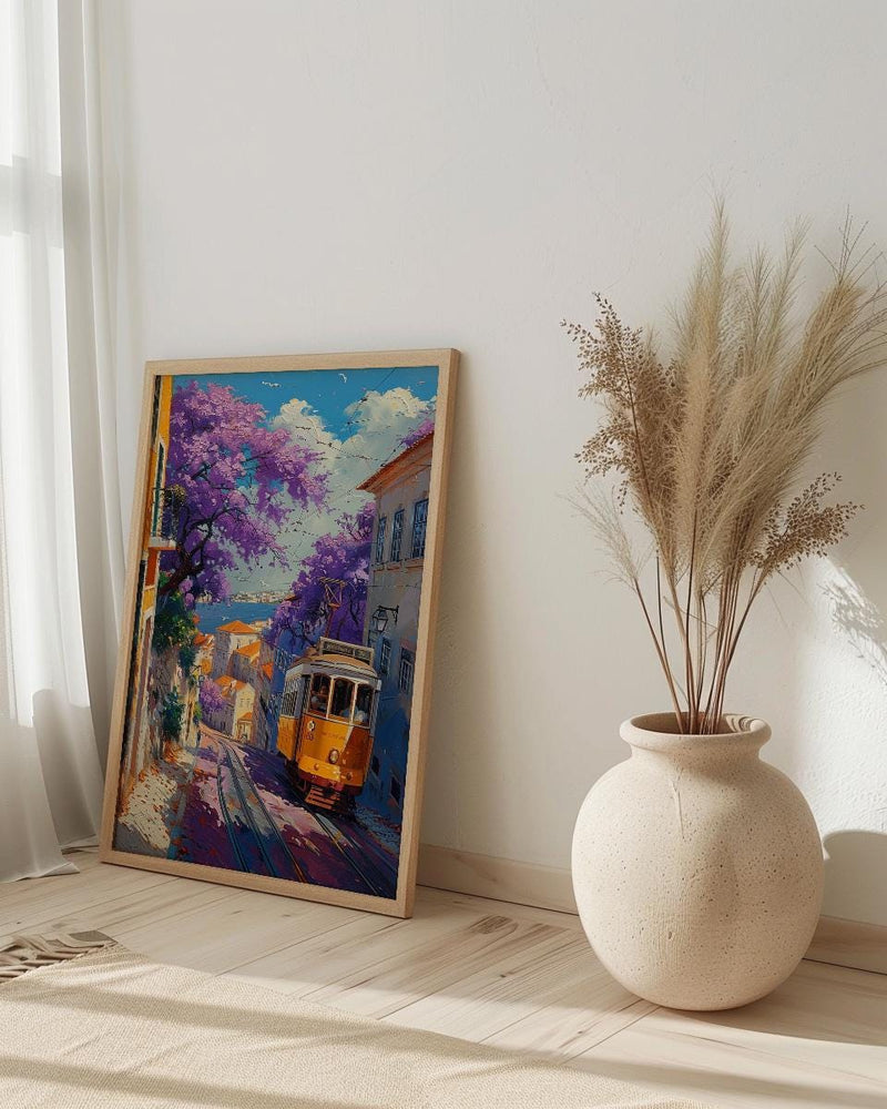 Lisbon Jacaranda Tram Poster, Purple Spring Street Decor - Palette Knife Painting Style