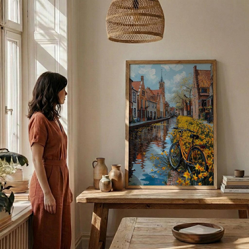 Bruges Daffodil Canal Art Print, Medieval Spring Village - Housewarming Gift