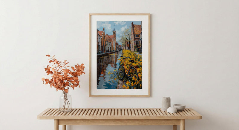 Bruges Daffodil Canal Art Print, Medieval Spring Village - Housewarming Gift