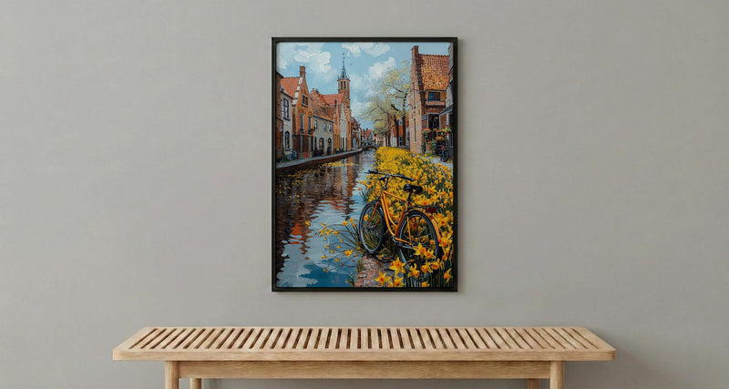 Bruges Daffodil Canal Art Print, Medieval Spring Village - Housewarming Gift