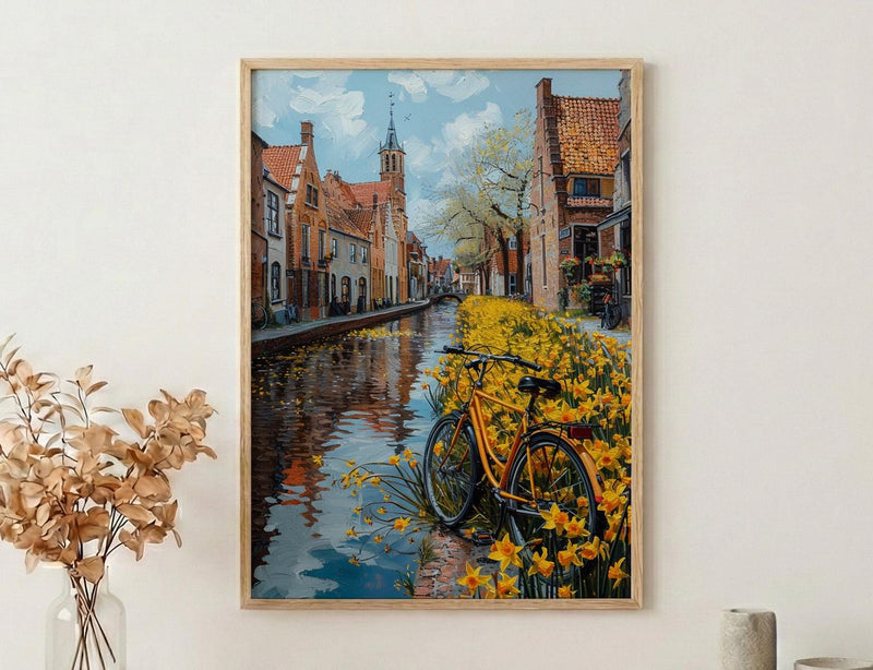 Bruges Daffodil Canal Art Print, Medieval Spring Village - Housewarming Gift