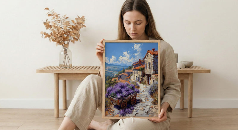 Provence Lavender Wall Art, Rustic Wood Cart Spring Poster - Textured Impasto Oil Painting