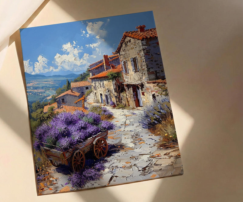 Provence Lavender Wall Art, Rustic Wood Cart Spring Poster - Textured Impasto Oil Painting