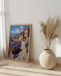 Provence Lavender Wall Art, Rustic Wood Cart Spring Poster - Textured Impasto Oil Painting