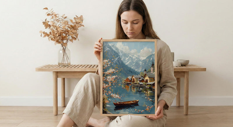 Hallstatt Alpine Village Art Print, Spring Lake Decor - Housewarming Gift
