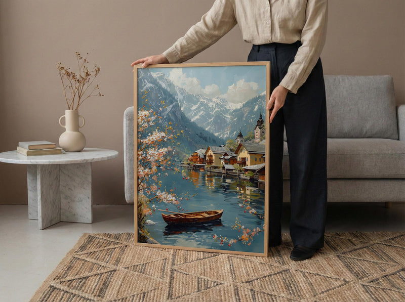 Hallstatt Alpine Village Art Print, Spring Lake Decor - Housewarming Gift