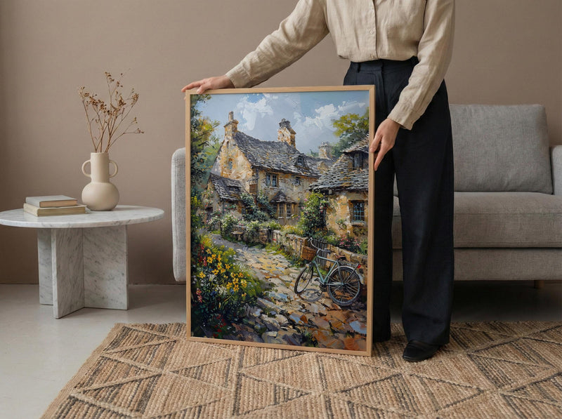 Cotswolds Stone Cottage Wall Art, Yellow Daffodil Print - Living Room Decor