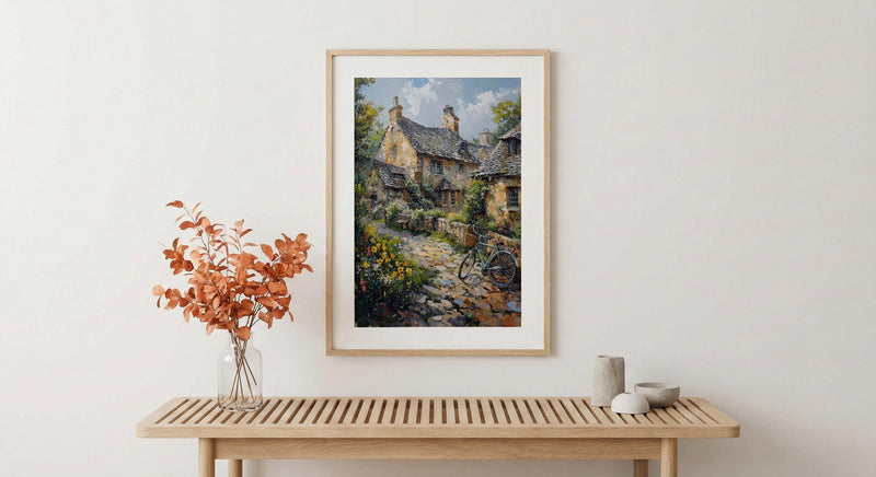 Cotswolds Stone Cottage Wall Art, Yellow Daffodil Print - Living Room Decor