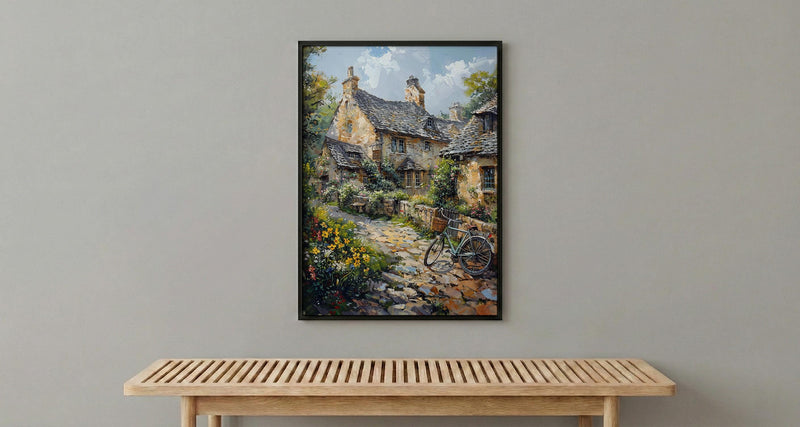 Cotswolds Stone Cottage Wall Art, Yellow Daffodil Print - Living Room Decor