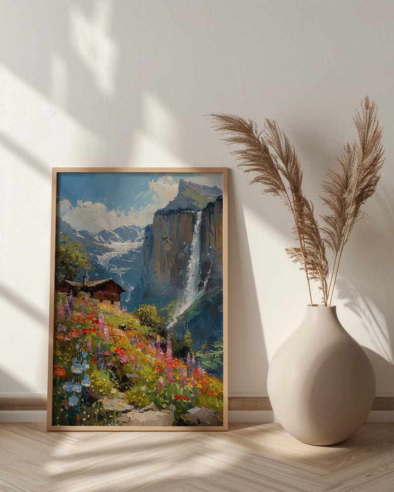 Lauterbrunnen Valley Wall Decor, Alpine Waterfall Print - Textured Impasto Oil Painting