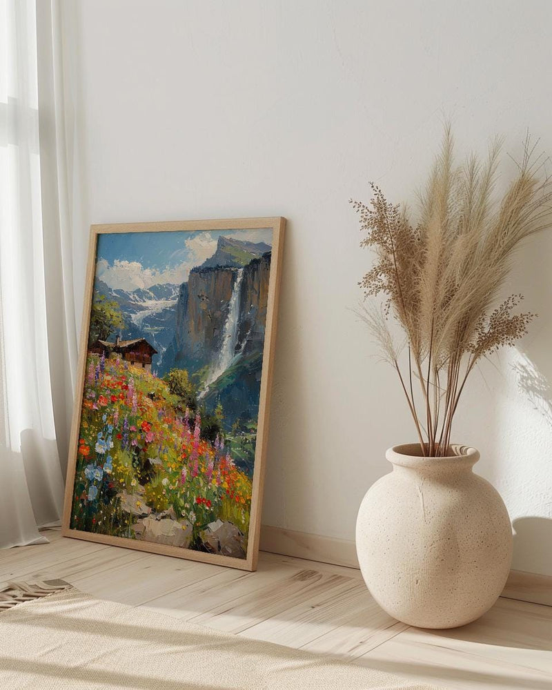 Lauterbrunnen Valley Wall Decor, Alpine Waterfall Print - Textured Impasto Oil Painting