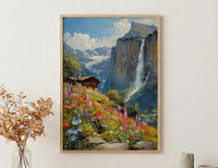 Lauterbrunnen Valley Wall Decor, Alpine Waterfall Print - Textured Impasto Oil Painting