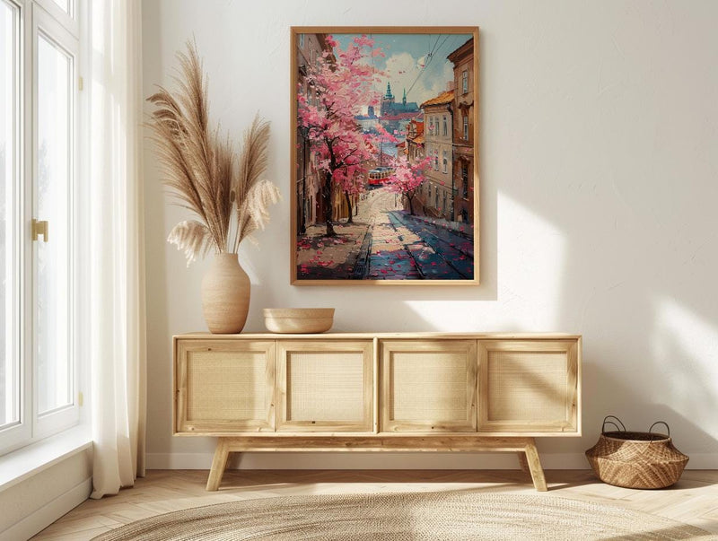 Prague Magnolia Street Art Print, Vintage Tram Decor - Housewarming Gift