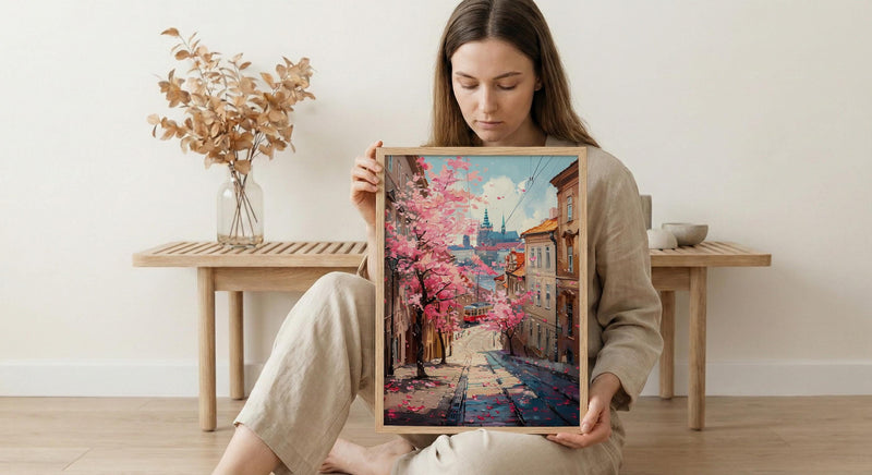 Prague Magnolia Street Art Print, Vintage Tram Decor - Housewarming Gift