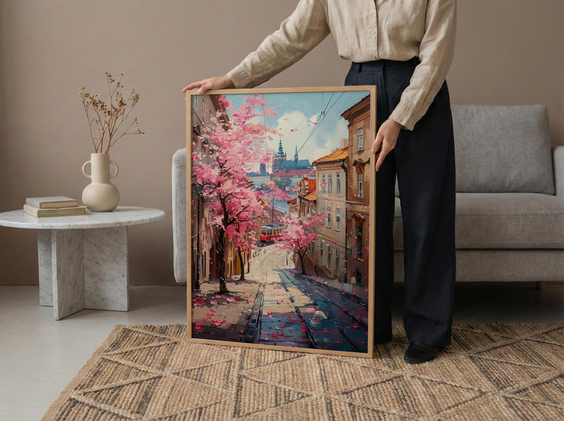 Prague Magnolia Street Art Print, Vintage Tram Decor - Housewarming Gift