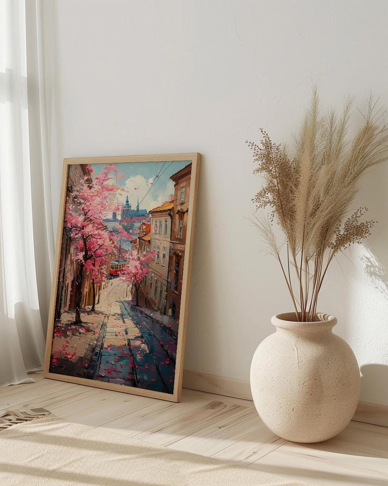 Prague Magnolia Street Art Print, Vintage Tram Decor - Housewarming Gift