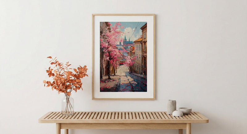 Prague Magnolia Street Art Print, Vintage Tram Decor - Housewarming Gift