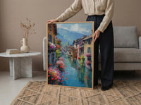 Annecy Canal Spring Poster, Pink Geranium Wall Art - Living Room Decor