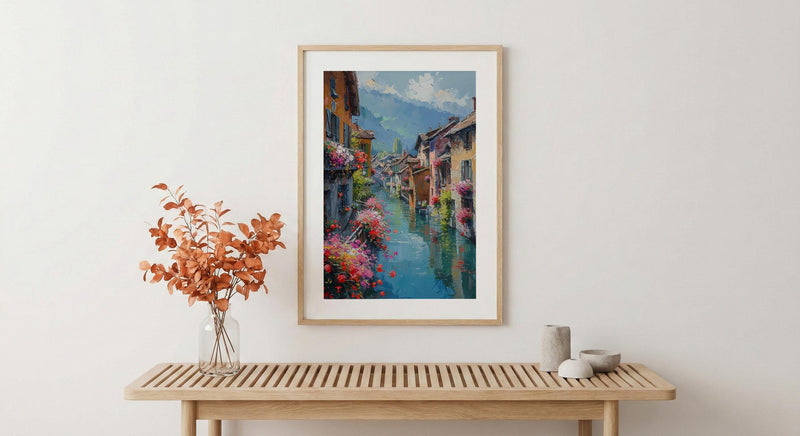 Annecy Canal Spring Poster, Pink Geranium Wall Art - Living Room Decor