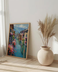 Annecy Canal Spring Poster, Pink Geranium Wall Art - Living Room Decor