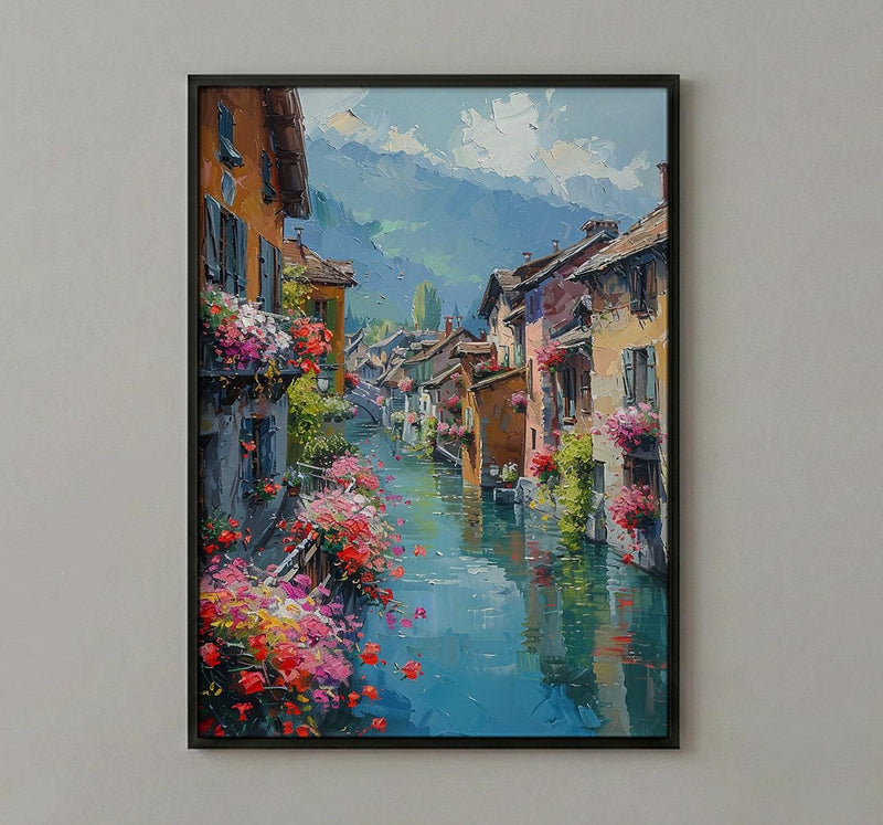 Annecy Canal Spring Poster, Pink Geranium Wall Art - Living Room Decor