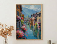 Annecy Canal Spring Poster, Pink Geranium Wall Art - Living Room Decor