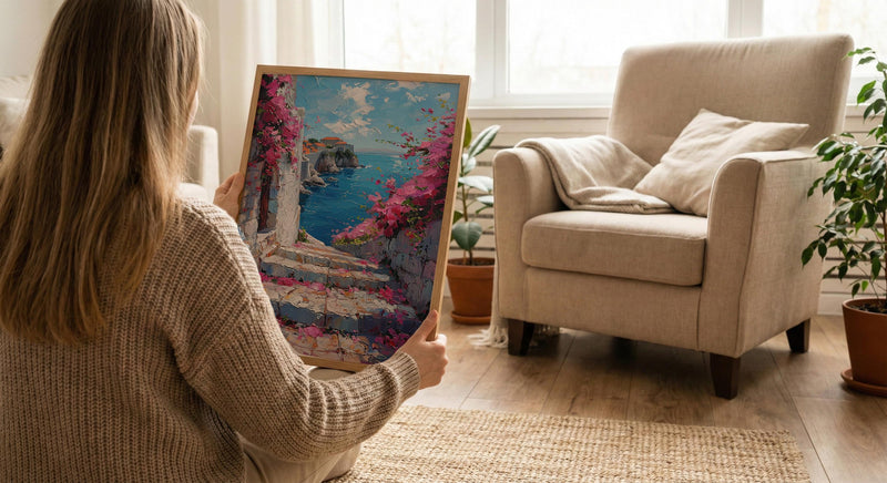 Dubrovnik Staircase Wall Decor, Pink Bougainvillea Print - Thick Oil Painting Style
