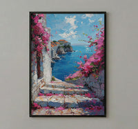 Dubrovnik Staircase Wall Decor, Pink Bougainvillea Print - Thick Oil Painting Style