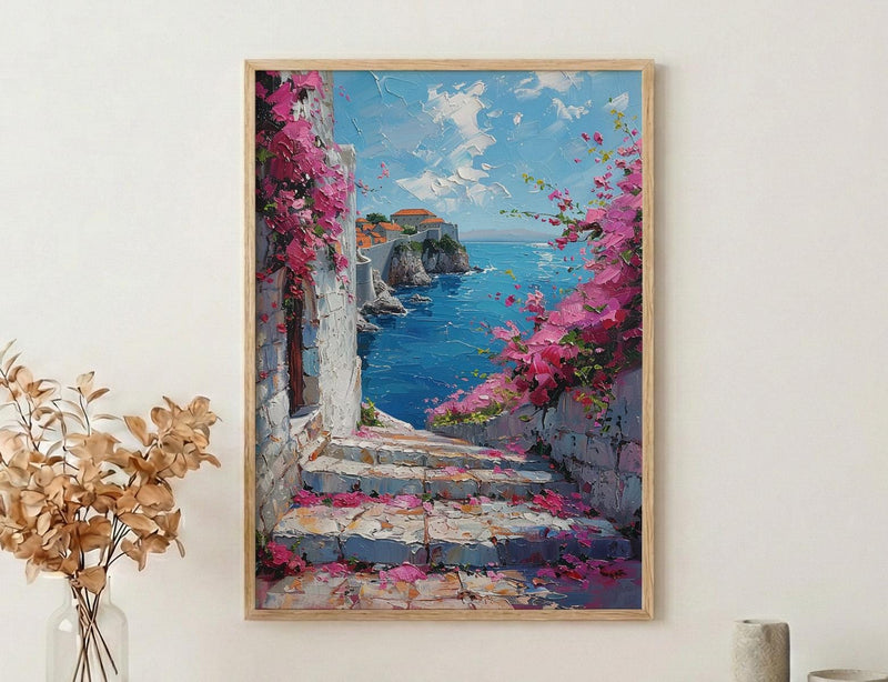 Dubrovnik Staircase Wall Decor, Pink Bougainvillea Print - Thick Oil Painting Style