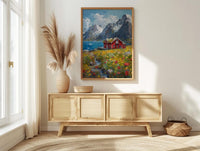 Lofoten Fjord Cabin Art Print, Norway Spring Landscape - Housewarming Gift