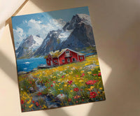 Lofoten Fjord Cabin Art Print, Norway Spring Landscape - Housewarming Gift
