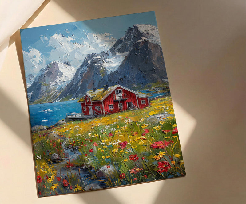 Lofoten Fjord Cabin Art Print, Norway Spring Landscape - Housewarming Gift