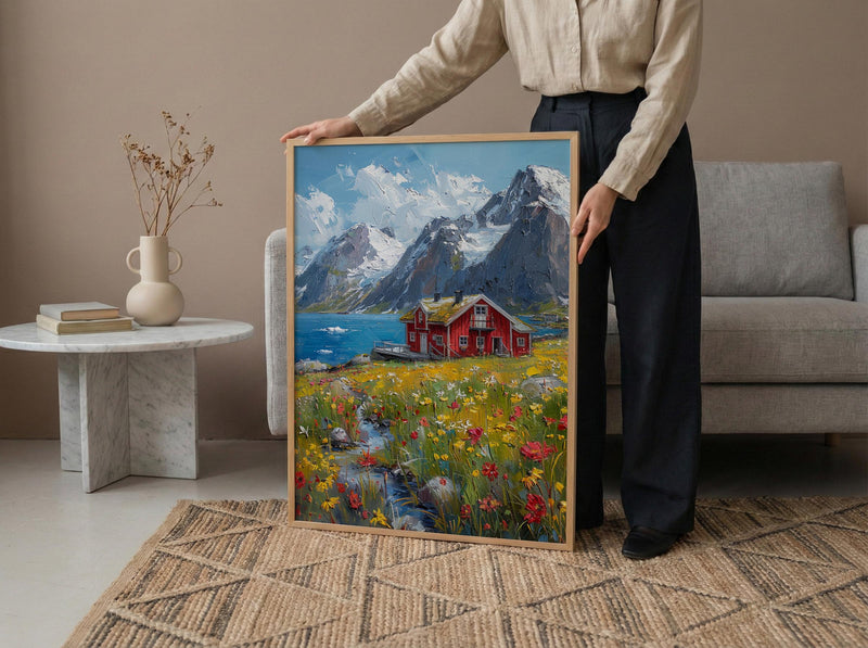 Lofoten Fjord Cabin Art Print, Norway Spring Landscape - Housewarming Gift