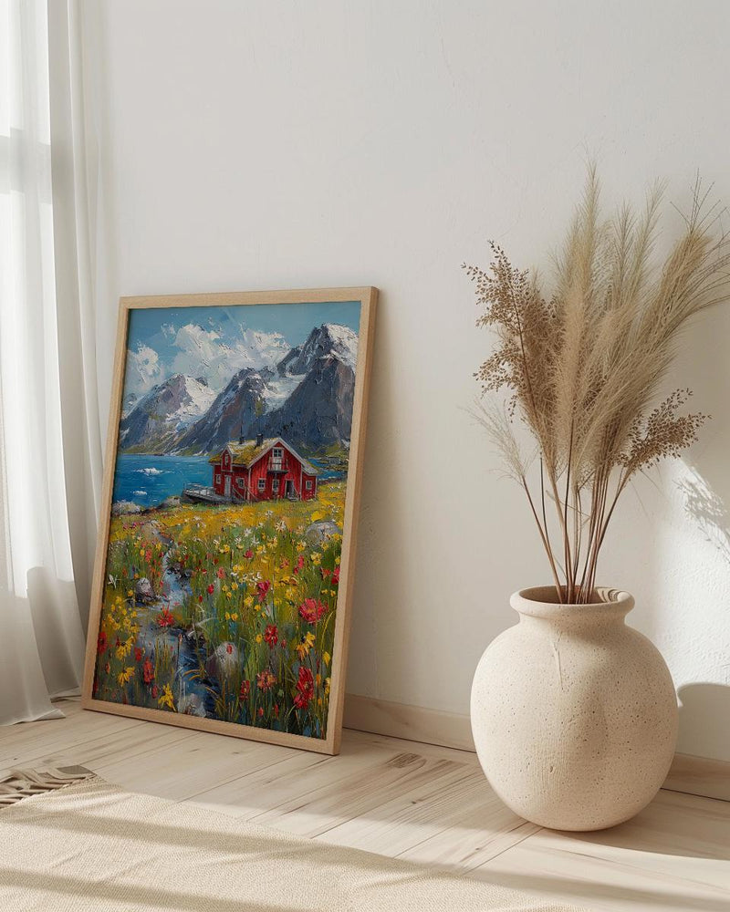 Lofoten Fjord Cabin Art Print, Norway Spring Landscape - Housewarming Gift