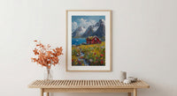 Lofoten Fjord Cabin Art Print, Norway Spring Landscape - Housewarming Gift