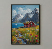 Lofoten Fjord Cabin Art Print, Norway Spring Landscape - Housewarming Gift