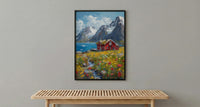 Lofoten Fjord Cabin Art Print, Norway Spring Landscape - Housewarming Gift
