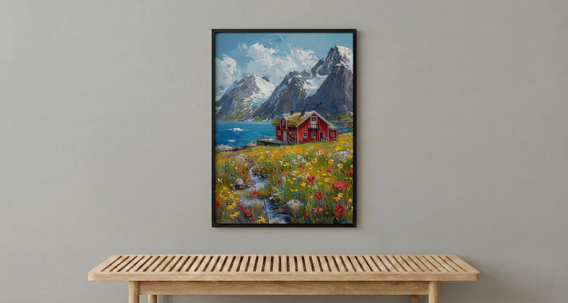 Lofoten Fjord Cabin Art Print, Norway Spring Landscape - Housewarming Gift