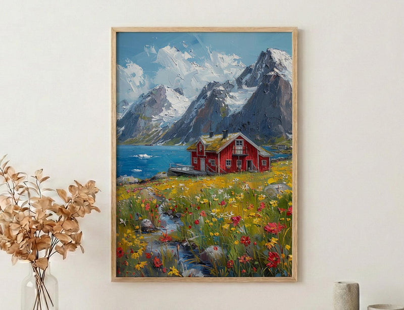 Lofoten Fjord Cabin Art Print, Norway Spring Landscape - Housewarming Gift