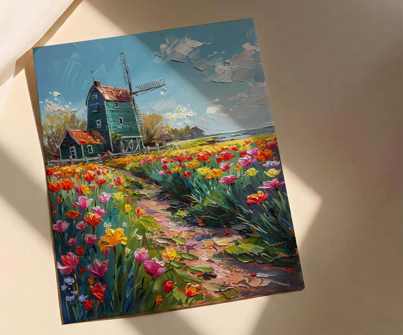 Zaanse Schans Windmill Wall Art, Spring Tulip Poster - Palette Knife Painting Style
