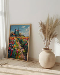 Zaanse Schans Windmill Wall Art, Spring Tulip Poster - Palette Knife Painting Style