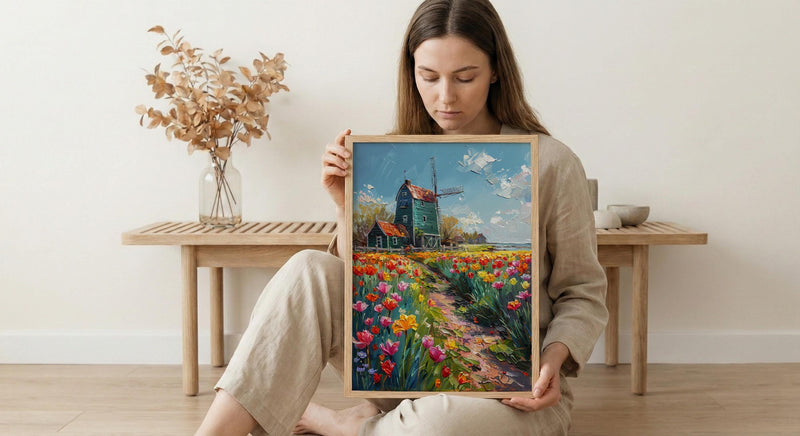 Zaanse Schans Windmill Wall Art, Spring Tulip Poster - Palette Knife Painting Style