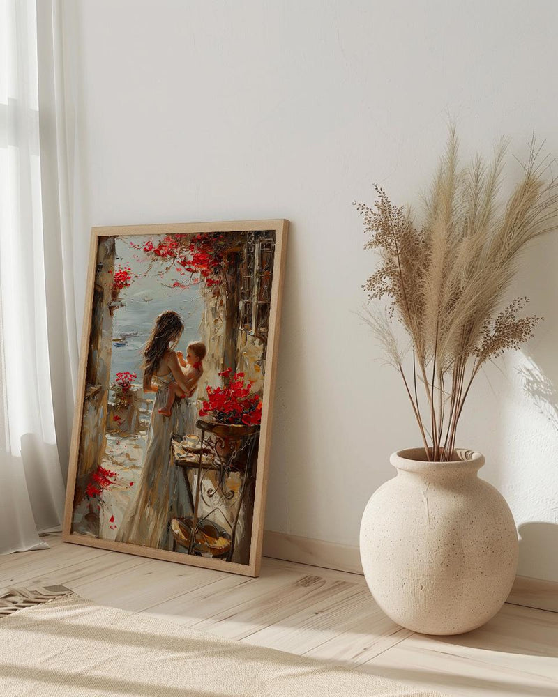 European Cafe Wall Art, Mother Baby Poster - Palette Knife Painting Style