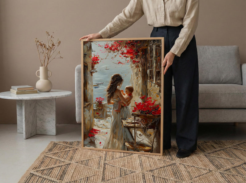 European Cafe Wall Art, Mother Baby Poster - Palette Knife Painting Style