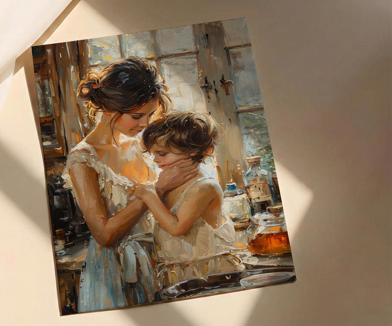 Nostalgic Cafe Art Print, Mother Son Poster - Mother's Day Gift